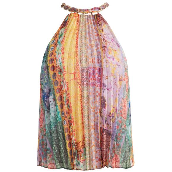 NWT Alice + Olivia Vintage Summer Sunburst Pleat Alycia Halterneck Tank Size L